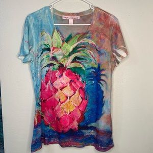 Color Pineapple V Neck Ribbed Flowy Top